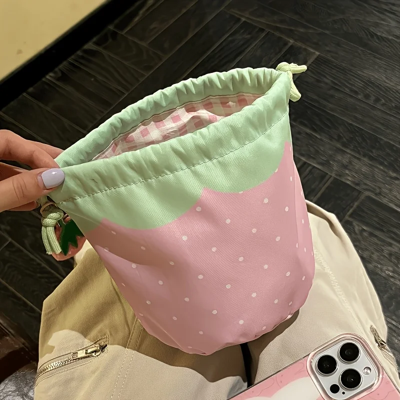 Cute Strawberry Drawstring Storage Bag, Polka‑Dot Cosmetic Makeup Pouch, Portable Travel Toiletry Organizer Bag