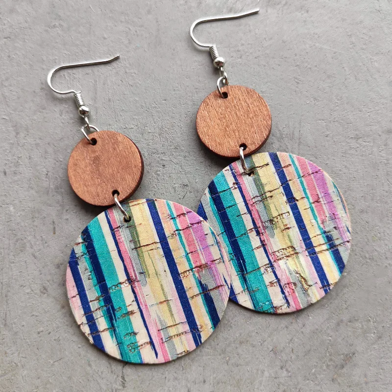 Hand Painted Colorful Art Pattern Striped Polka Dot Cork Earrings Geometric Wood Patchwork Round Boho Drop Earrings for Women