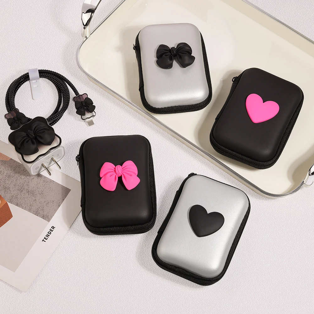 Korea Cute 3D Love Heart+EVA Storage Bag Set Charger Cover For IPhone 16 15 14 13 12 11 18W-20W Charge Correa Protection Sleeve
