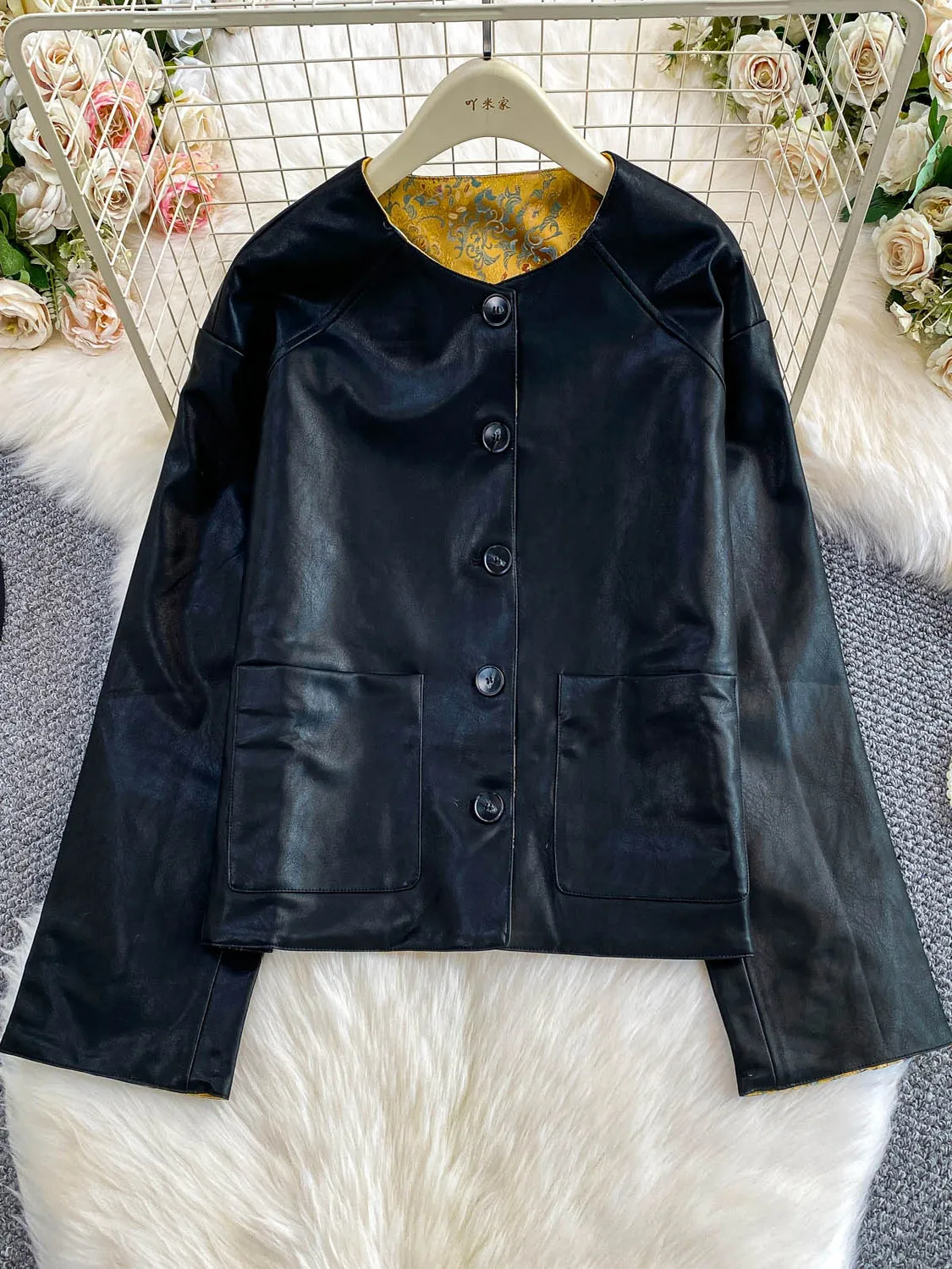 Retro cinese Sle stampato rotondo Ne PU Leather Jaet donna Autunno Inverno Faionable Dual Wear Capispalla personale