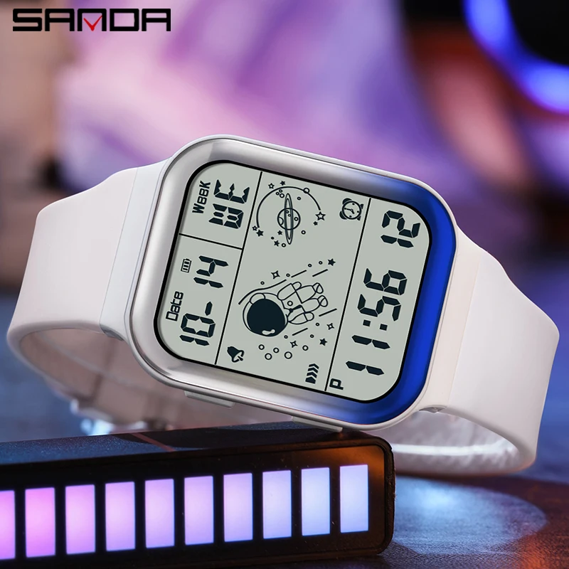 SANDA 그라디언트 스퀘어 남성용 야외 스포츠 전자 손목 시계, 방수 발광 크로노그래프 알람 시계, LED 디지털 시계