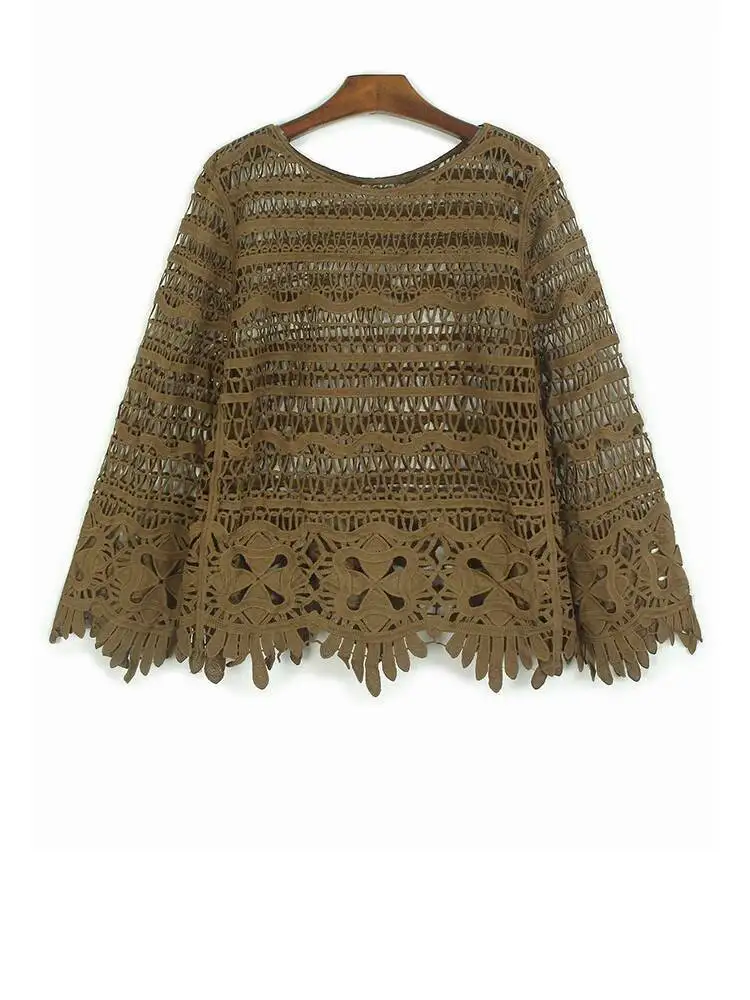 

Women Red Hollow Out Lace Big Size Casual T-shirt New Round Neck Long Sleeve Fashion Tide Spring Autumn