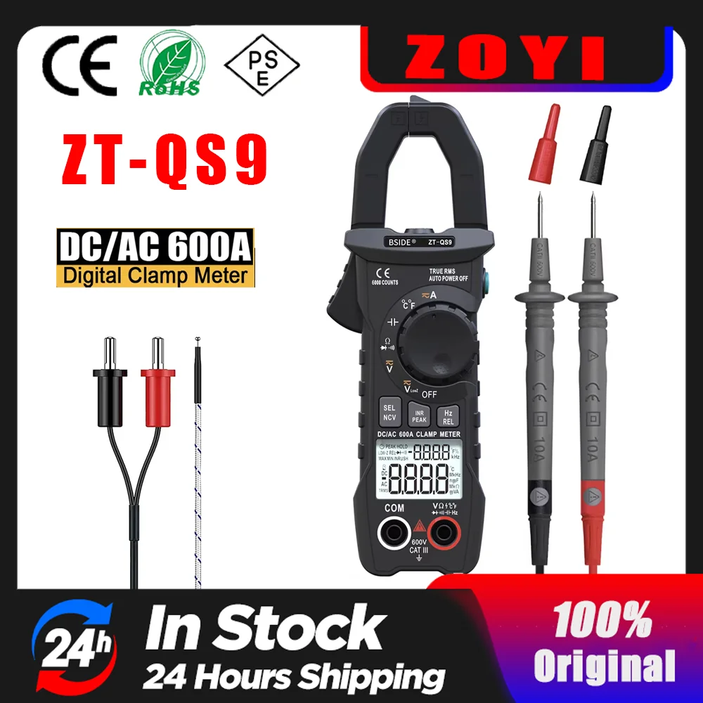 ZT-QS9 Digital Clamp Meter 600A Current True RMS Smart Plier ammeter Auto Rang 6000 Multimeter DC AC Voltage Hz Ohm NCV Tester