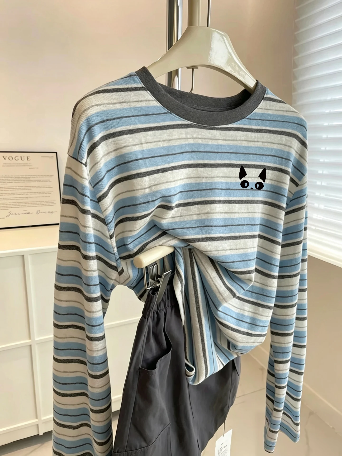 Casual Printed Long Sleeve round Neck Women's T-shirt Korean Style Loose Fit Stripe Pattern Breathable Comfortable Cotton Top