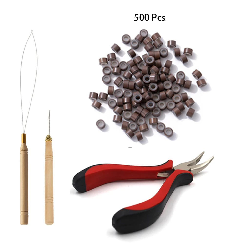 Hair Extension Remove Pliers Pulling Hook 500 PCS Micro Silicone Rings Bead Device Tool Kits for Professional Hair Styling Tools