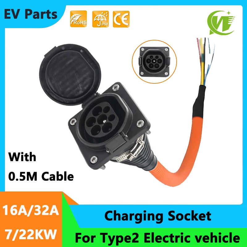 EV EVSE Charging Socket Type 2 Male Socket 63A 3 Phase 40KW with 0.5M Cable for IEC 62196-2 Type 2 Electric vehicle Side Socket