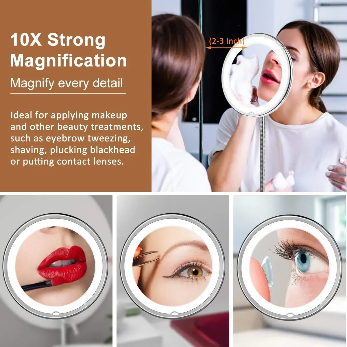 Flexible 10x Magnifying Vanity Mirror with LED Lighted Makeup Mirror Lighting Dressing Makeup Lamp Bottom Sucker