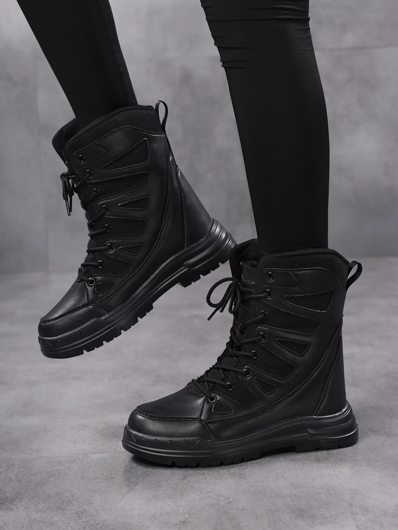 Autumn and Winter Women's Casual Mid-Calf Boots, Pu Leather Upper with Cushioning, Lightweight Women's Outdoor Hiking Tactical Boots, Women's Snow Boots, Suitable for Daily Commuting and Walking