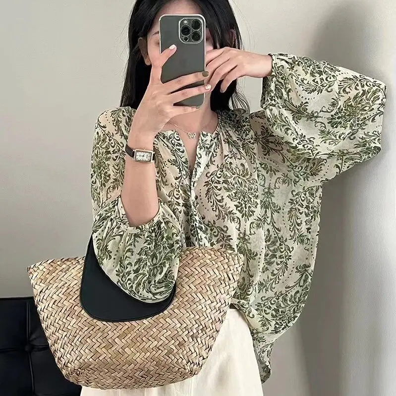 2023 Summer V Neck Lantern Sleeve Loose Blouses Shirts Tops Vintage Boho Floral Print Chiffon Shirts Women's Sunscreen Shirt view 5