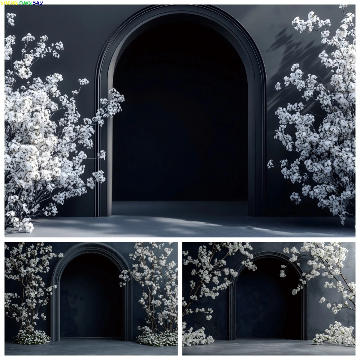 Schwarzer Kunstporträt-Dekorationshintergrund Vintage Gewölbte Wand Weiße Blumen Umstandskleider Fotoshooting Fotografie-Hintergrund