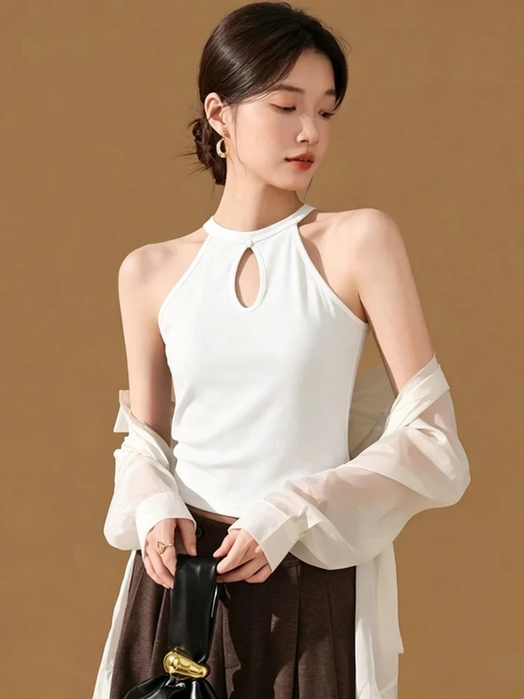 Women's Large Size Cotton Tank Top with Chest Pad Hanging Neck Strap Vest Slimming Base Layer Outerwear Beautiful Back Shirt