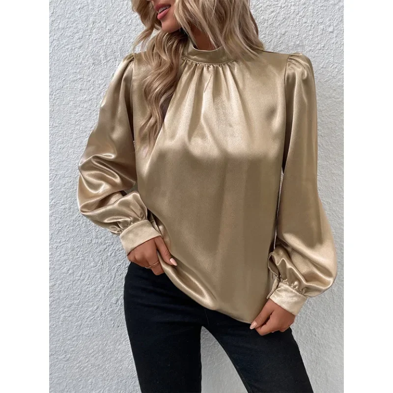 

European New Style Unique Clothing Stand Collar Lantern Sleeve Satin Women's Versatile Long Sleeve T-Shirt Amazon Cross-Border