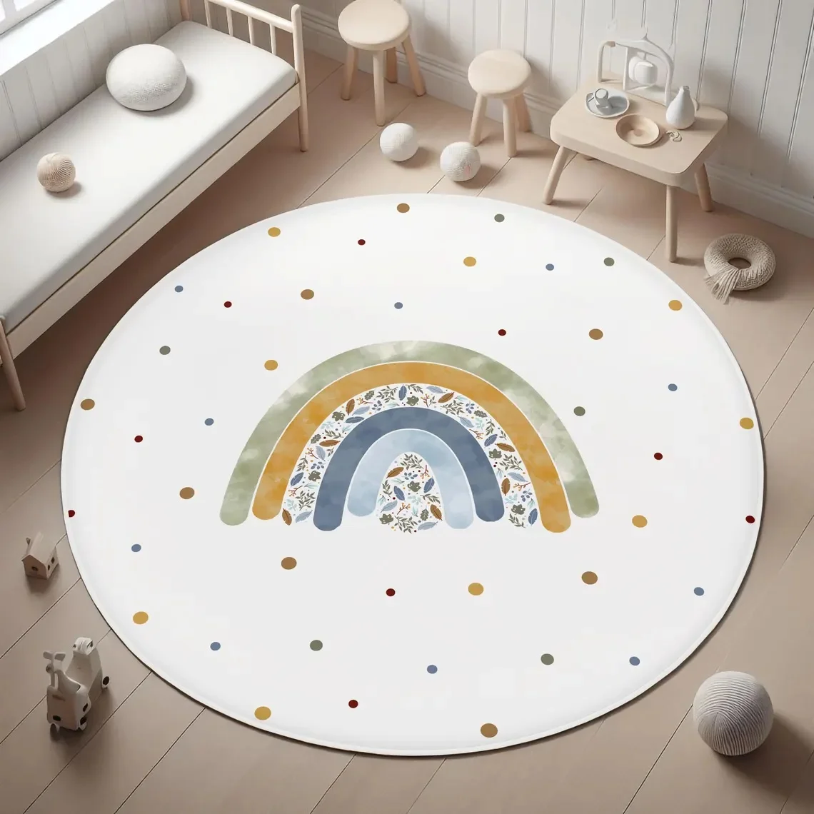 Watercolor Rainbow Star Heart Round Rug Washable Floor Mat for Kids Bedroom Playroom Sweet Boho Nursery Indoor Home Decor