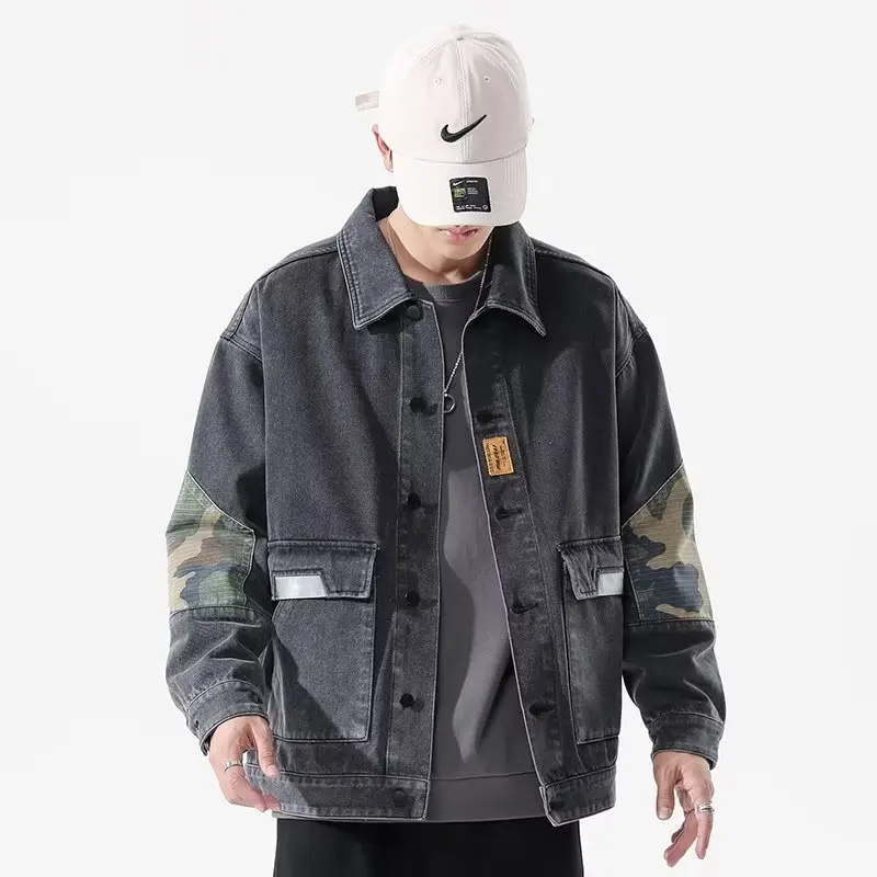 Men's Dark Gray and Blue Jean Jacket, Men's Coats, Autumn and Winter Denim Jacket, Men Clothing, Men's Jackets, Men Outerwear