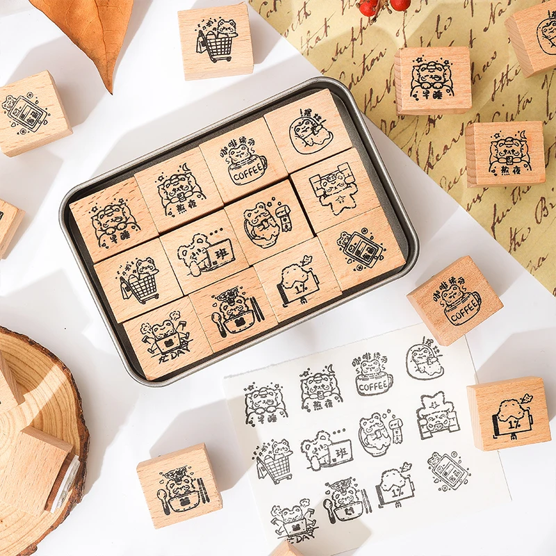 12pcs Cartoon pattern Vintage Week Wooden Rubber Stamp Scrapbooking Deco DIY Craft Standard Wooden Stamps Set Planner Stationery