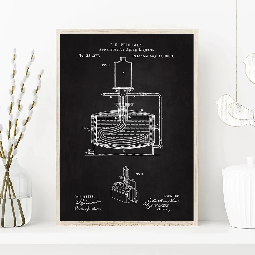 Black and White Brewing Beer Barrel Bottle Cooler  Alcohol Patent Posters Canvas Painting Wall Art for Pub Brewery Home Decor