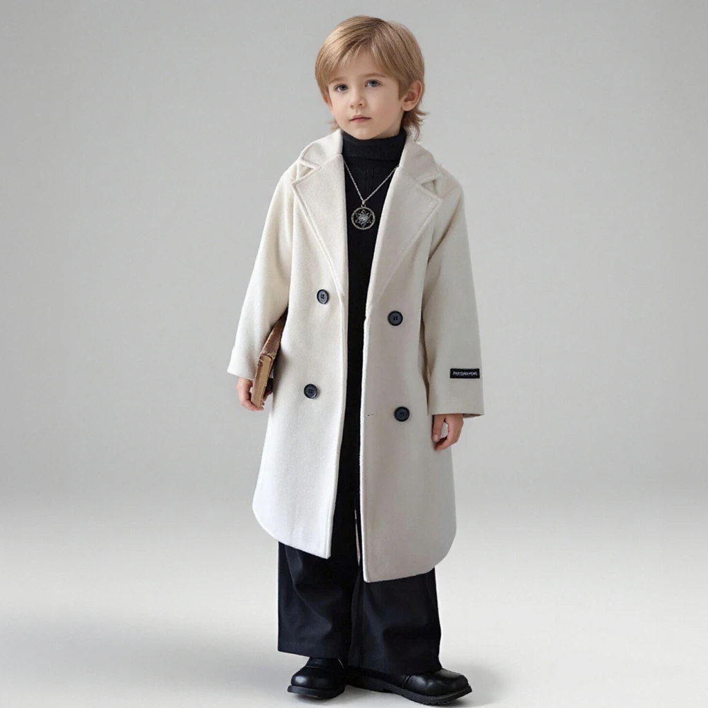 Boys Long Trench Coat Autumn Winter Warm Wool Blend Jacket Beige British Style School Child Overcoat Casual Teen Boy Outerwear