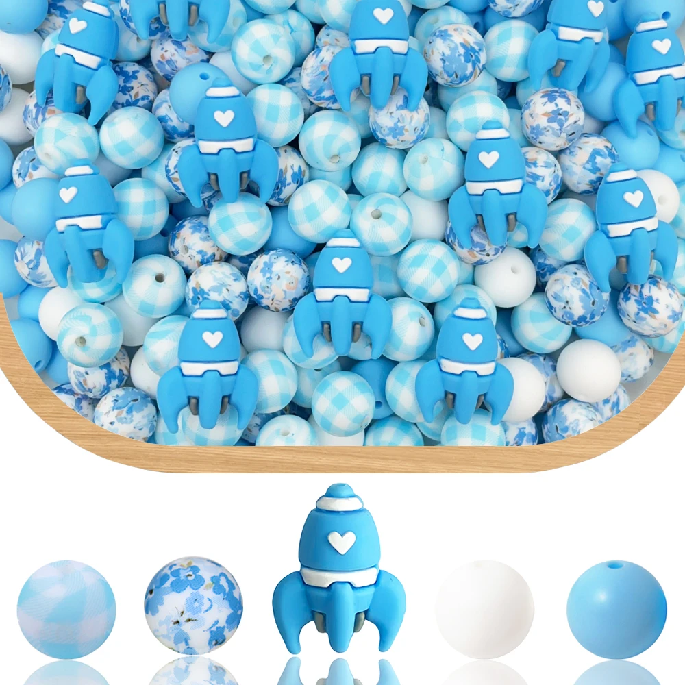 33Pcs Blue Rocket Silicone Beads Set DIY Beaded Necklace Bracelet Decoration Pen Jewelry Pendant Etc. Holiday Birthday Gift