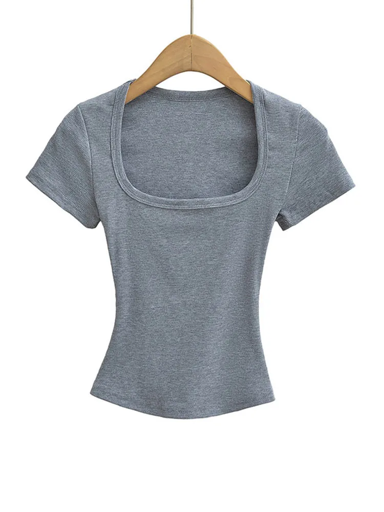 Women's Square Collar Slim Fit Crop Top High Stretch Short Sleeve Pullover Sexy Summer Blouse T-shirt Bottoming image 5