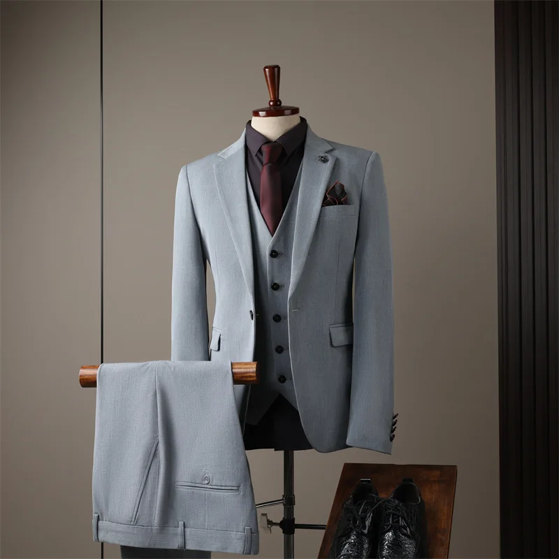 Man Suit Outfit Single-breasted Long Sleeve Blazer Men V-neck Vest Straight-leg Pant Male Simple Business Wedding 3-piece Set