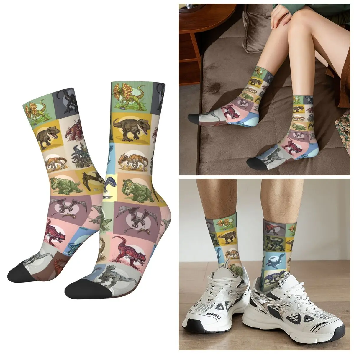 

All Seasons Dinosaur Illustration Print Socks Harajuku Crew Socks Casual Stockings for Men Women Gifts