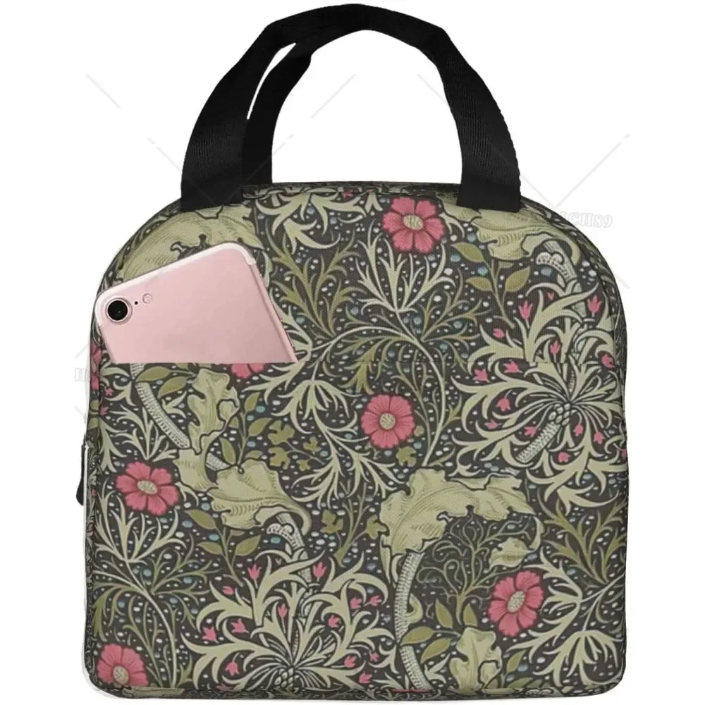 William Morris Seaweed Floral Lunch Bag for Kids Insulated Waterproof Lunch Tote Bag Reusable Box Food Carrying Bento Handbag