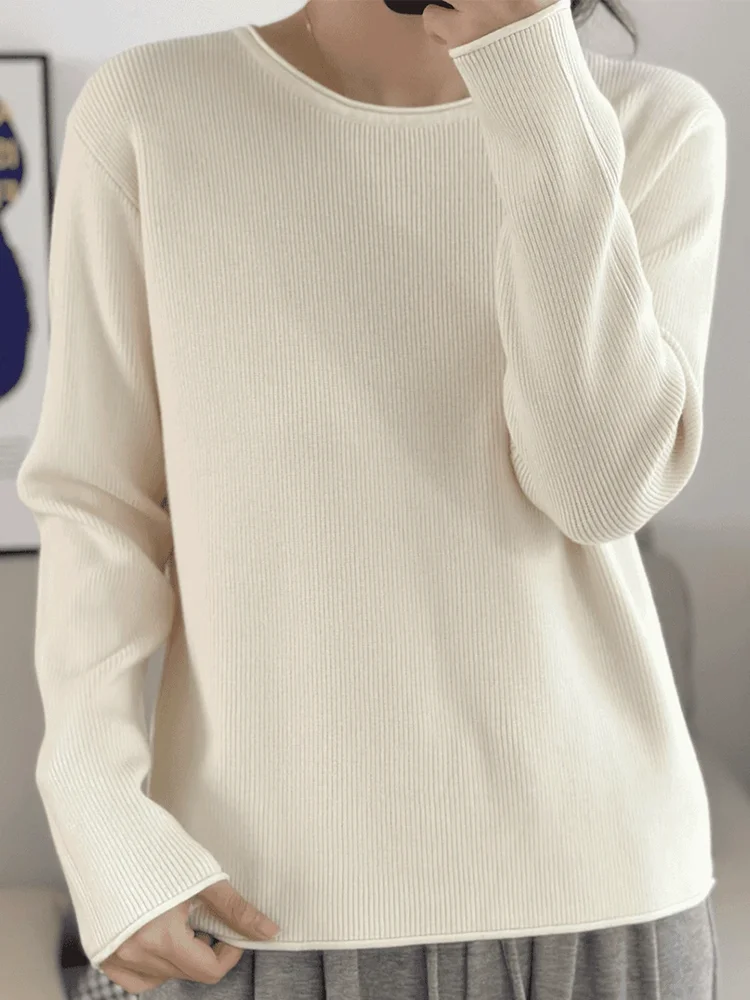 Trendy Women's Knitted Long Sleeve round Neck Sweater Autumn Winter plus Size Comfortable Soft Stretchy Base Layer Top