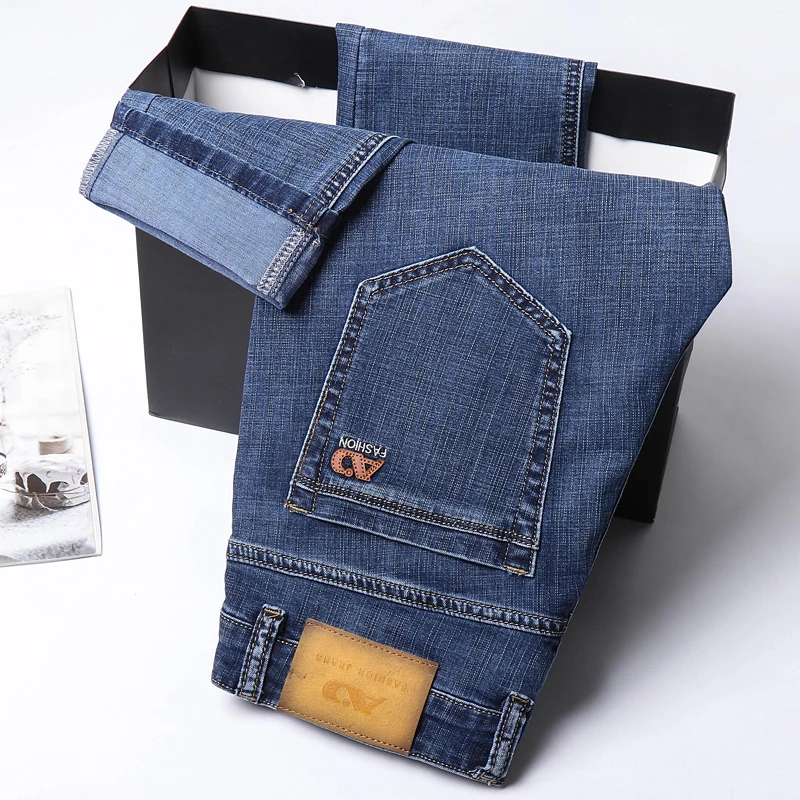 2026 Spring Summer New Men's Slim Thin Jeans Retro Light Blue Cotton Stretch Denim Pants Male Fashion Casual Brand Trousers