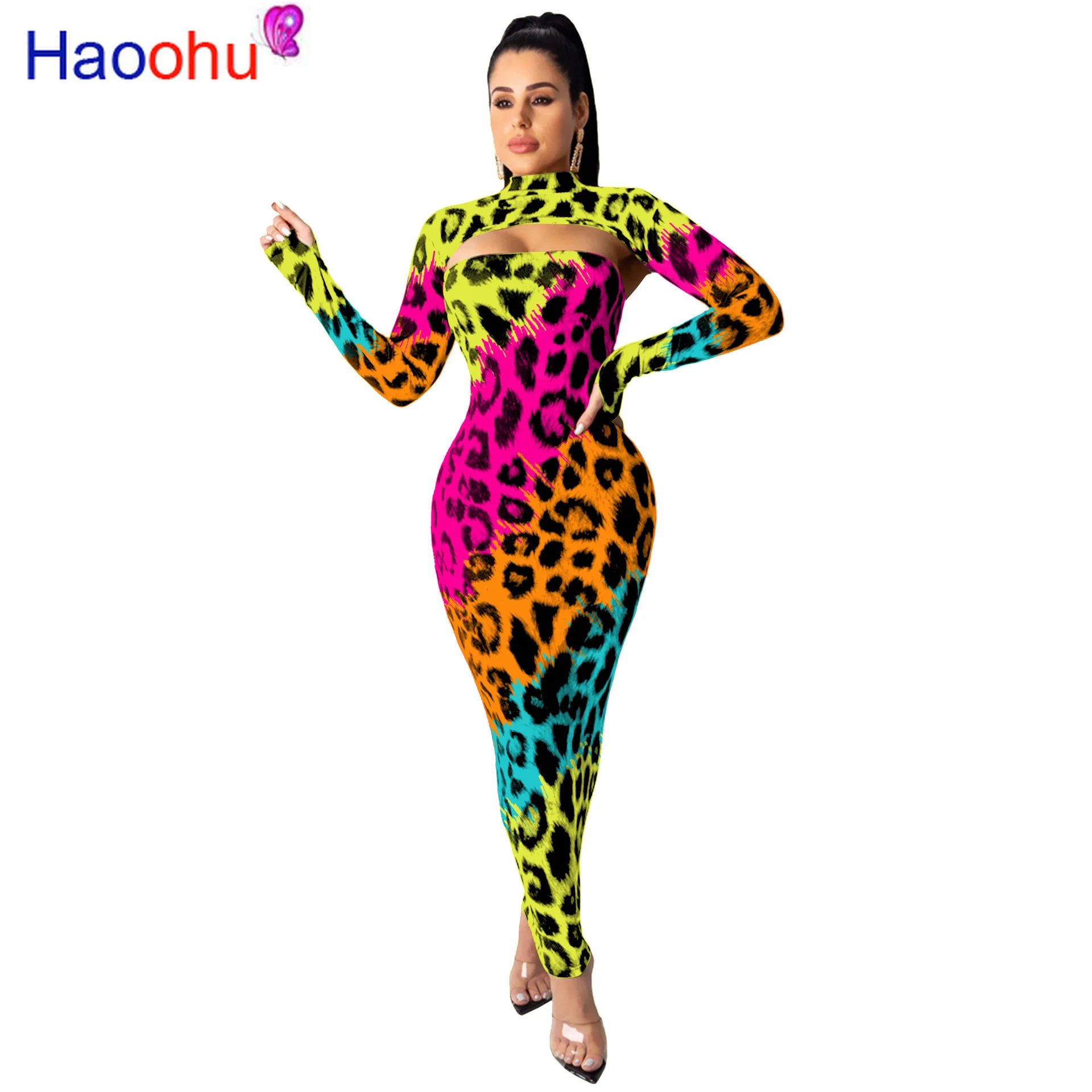 HAOOHU אביב קיץ סקסי הסוואה נמר שני חלקים נשים של סתיו פסטיבל תלבושות העליונה יבול סטרפלס מקסי שמלה clubwear