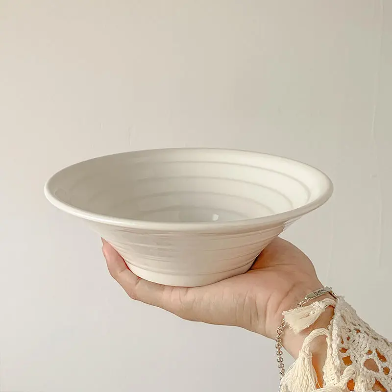 Pure White Horn Mouth Ramen Bowls Japanese Style Simple Ceramic Salad Tableware Cross-striation Porcelain Bowl