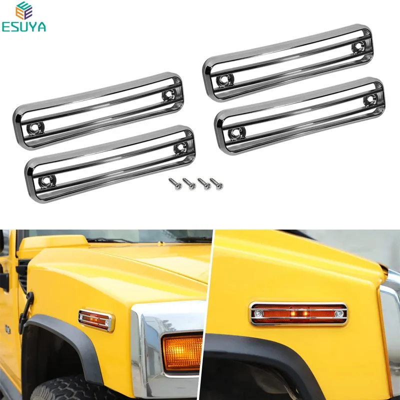 ESUYA Chrome Plated Side Marker Guard Trim Side Light Protector Cover Fit for 2003-2009 Hummer H2 SUV SUT (4 PCS)