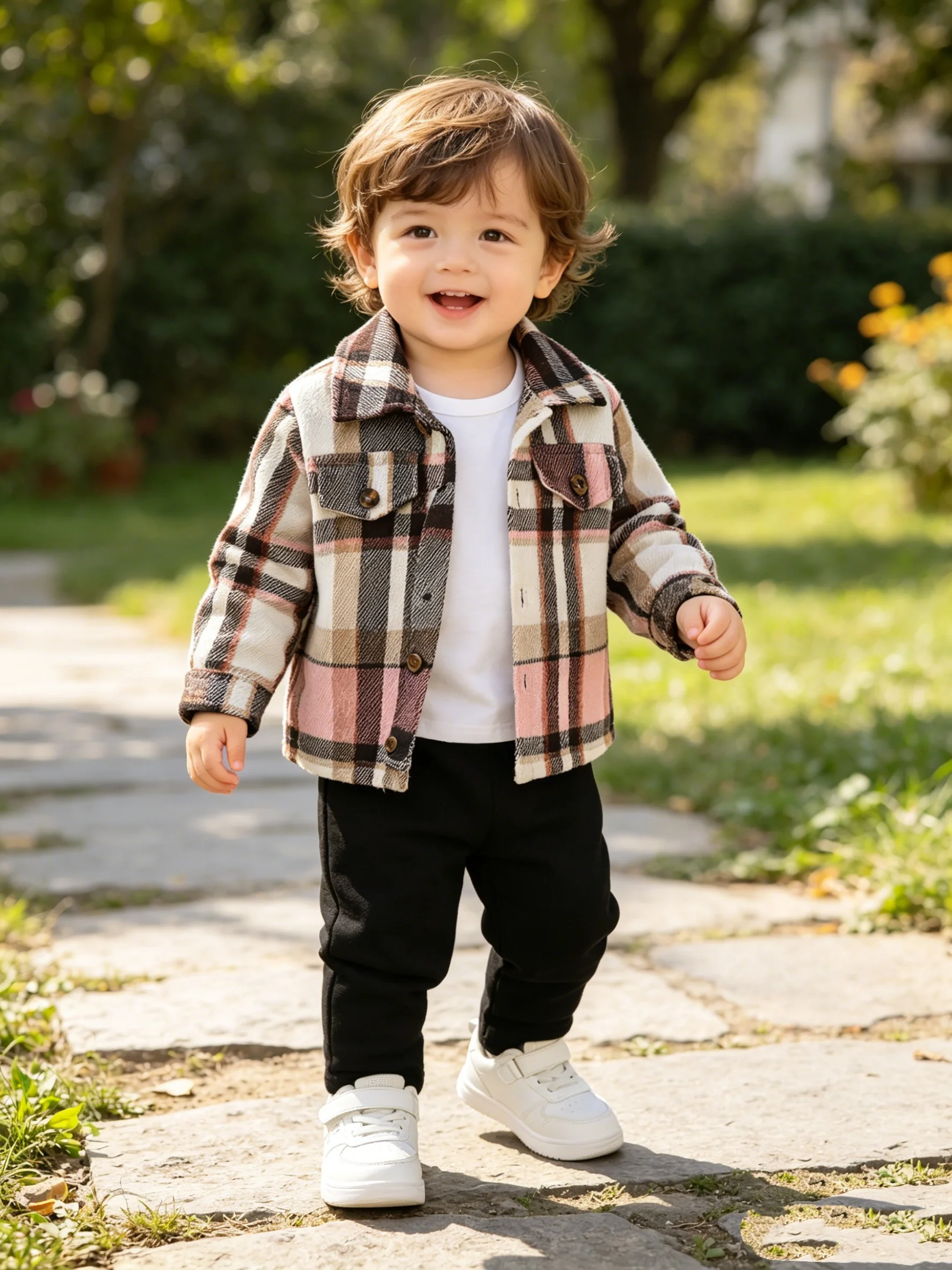 Boys Plaid Two-Piece Set Spring Autumn Pink Brown Plaid Shirt Jacket + Black Casual Pants Ensemble for Baby Boys
