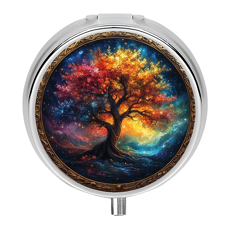 1 Tree of Life themed three-compartment wallet-style pill box, metal vitamin storage case, decorative metal pill and vitamin storage pouch, can be placed in a wallet or..