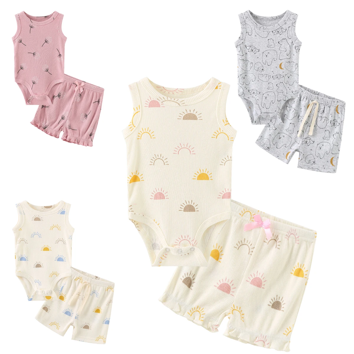 Baby set is 100% cotton, suitable for all seasons cartoon short sleeves, suitable for babies and girls