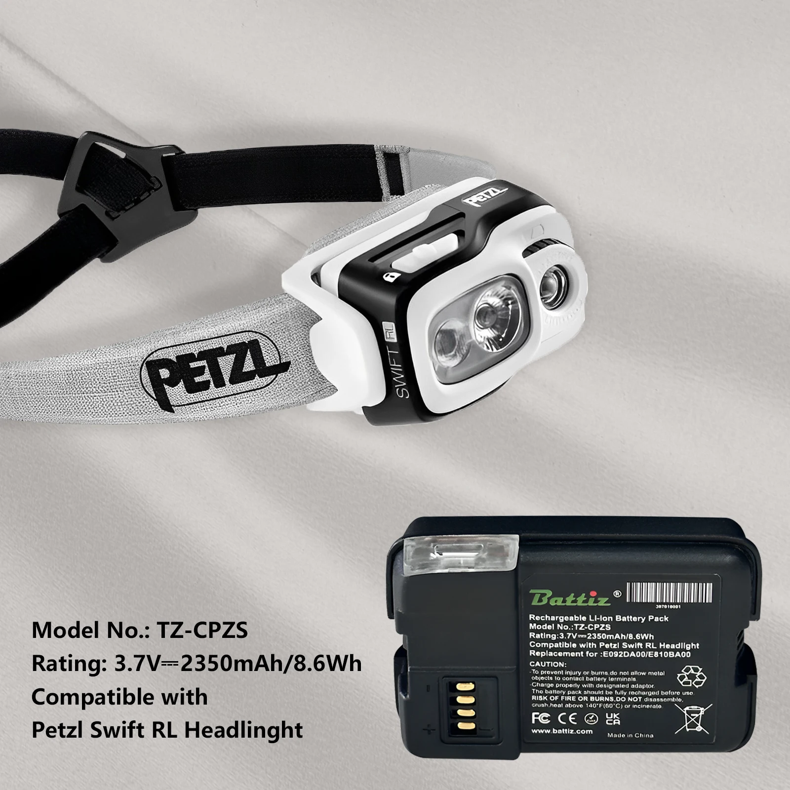 Li-Ion Rechargeable Battery Compatible With Petzl Swift RL Headlamps 2350mah