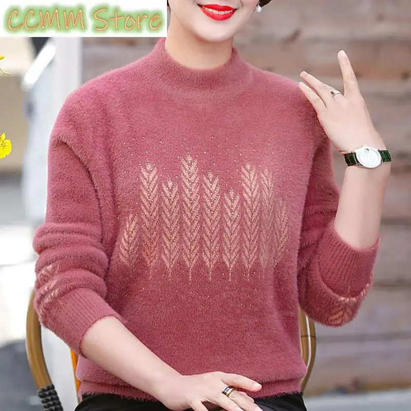 

Autumn Winter New Casual Ear of Rice Knitted Jumpers Women's Clothing Half High Collar Commute Loose Stylish Diamonds Sweaters
