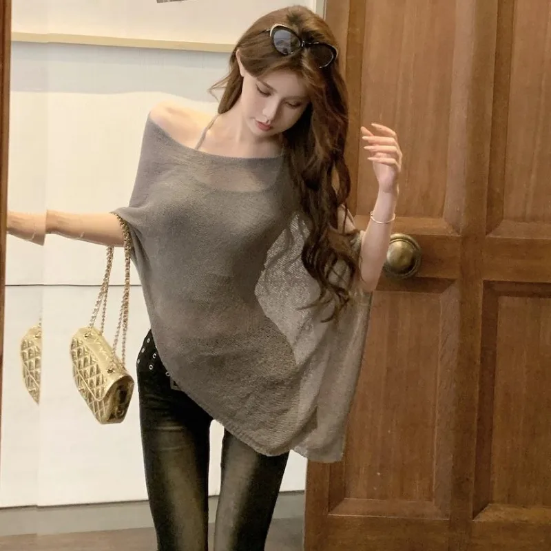 Knitted Pullovers Women Summer Retro Solid Slanted Shoulder Sleeveless Sweaters Loose Irregular Tops Thin Sexy Sun-proof Cozy