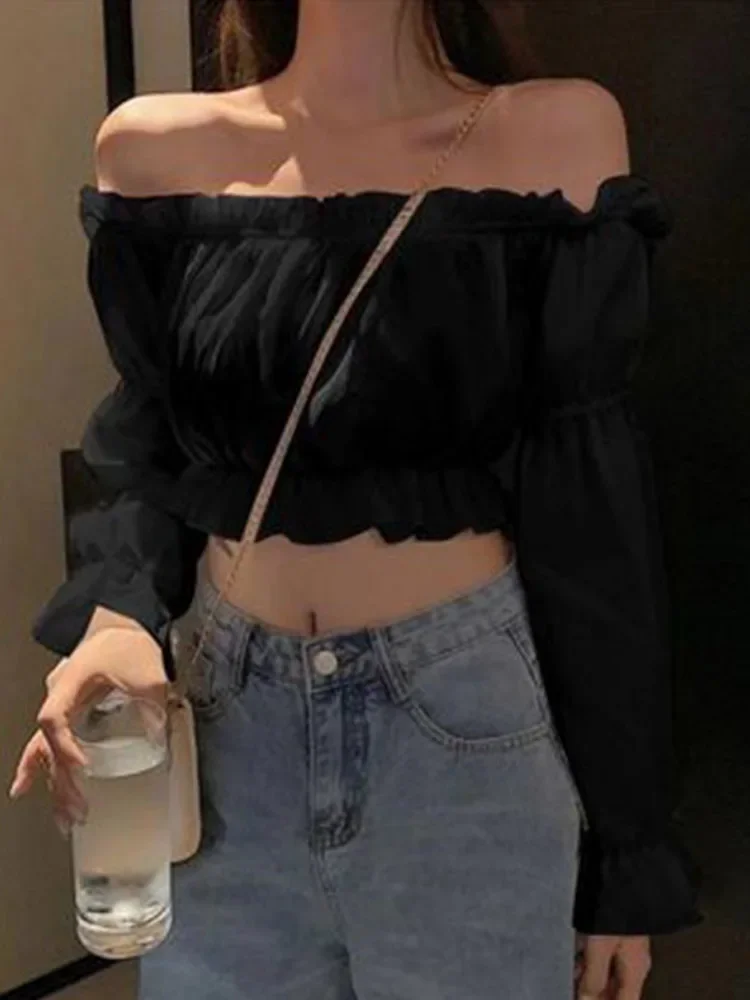 Women Top Sexy Blouse Off Shoulder Top Long Sleeve Solid Color White Shirt Puff Sleeve Ruffle Tunic Crop Top Summer Tube