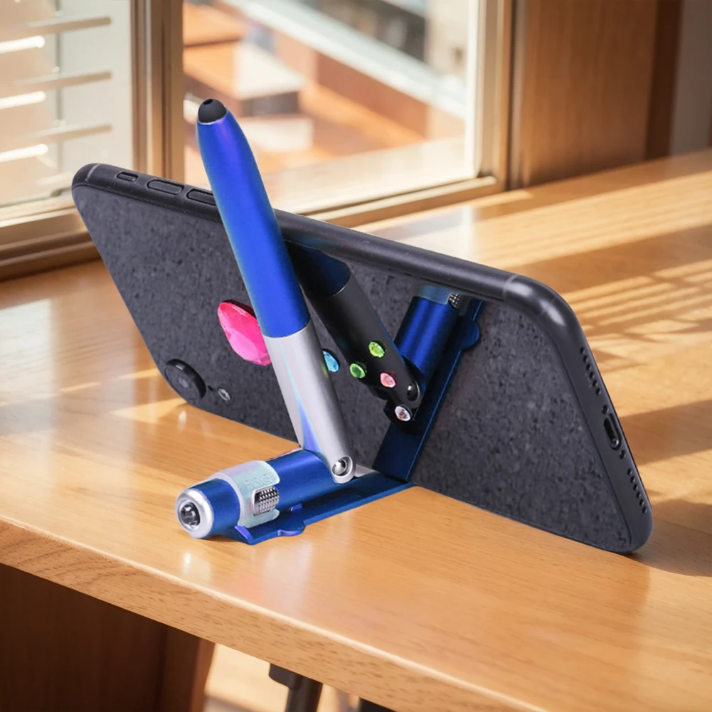 4 in 1 야간 독서용 필기 연필 LED 조명 접이식 휴대폰 거치대 접이식 볼펜 검정 잉크 펜 학교 사무용품