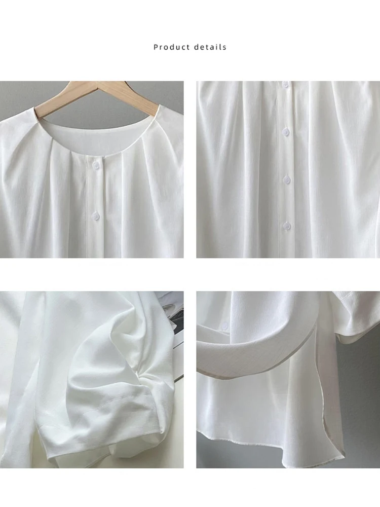 Minimalism Elegant White Shirt Single-Breasted Button Down Blouse Lantern Sleeve Luxury 3/4 Sleeve Office Ladies Quality Blouses