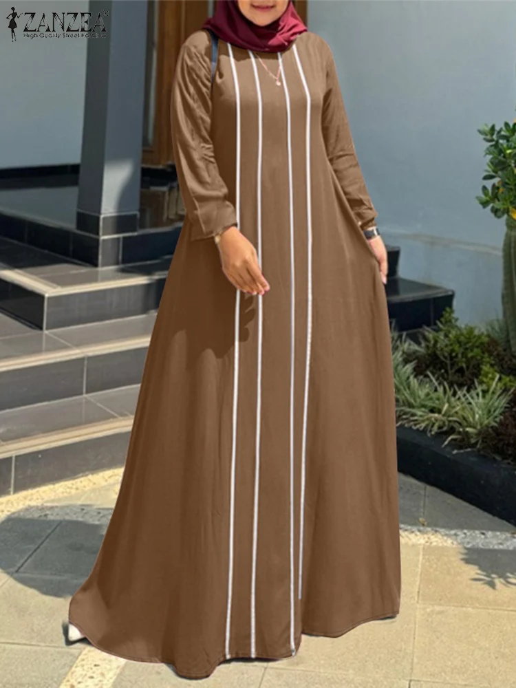 ZANZEA Fashion Women Autumn Long Sleeve Muslim Abaya Dress Patchwork Sundress Casual Loose Vestidos Maxi Robe IsIamic Clothing