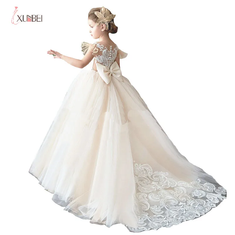 Xunbei Vestido De Fiesta สาวชุดลูกไม้ Tulle Bows เด็ก First Communion ชุดเจ้าหญิงชุดบอลงานแต่งงานชุด