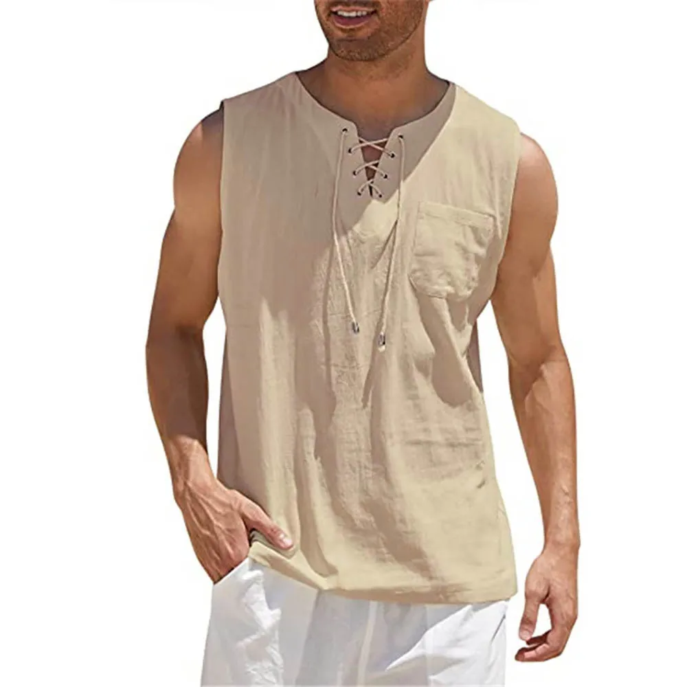 Men Summer Linen Tank Top Sleeveless T-Shirt Lace-up Design Solid Color Shirt Loose Fit Vest Daily Cotton Linen Vest Clothing