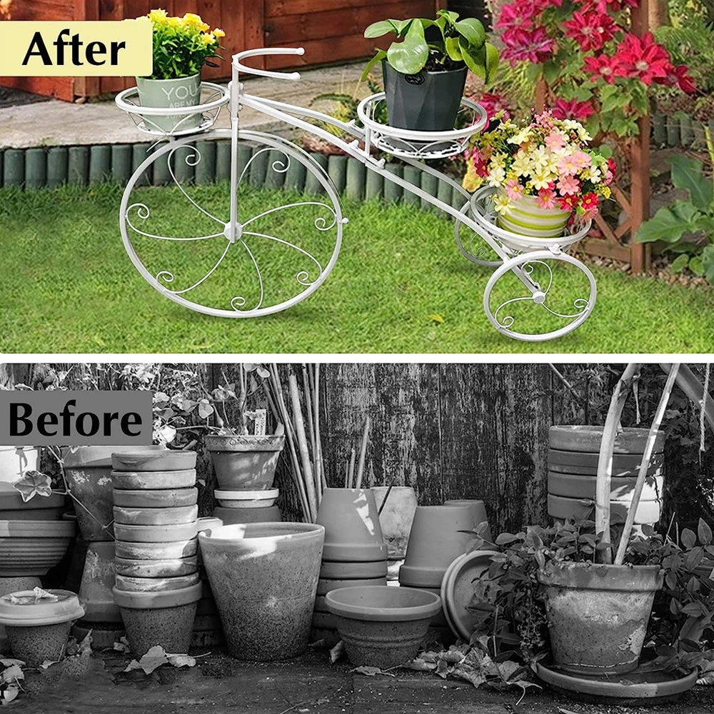 White Large Flower Rack Bicycle-Shape Plant Stand Yard Garden Plants Shelf Indoor Outdoor Decor Flower Pot