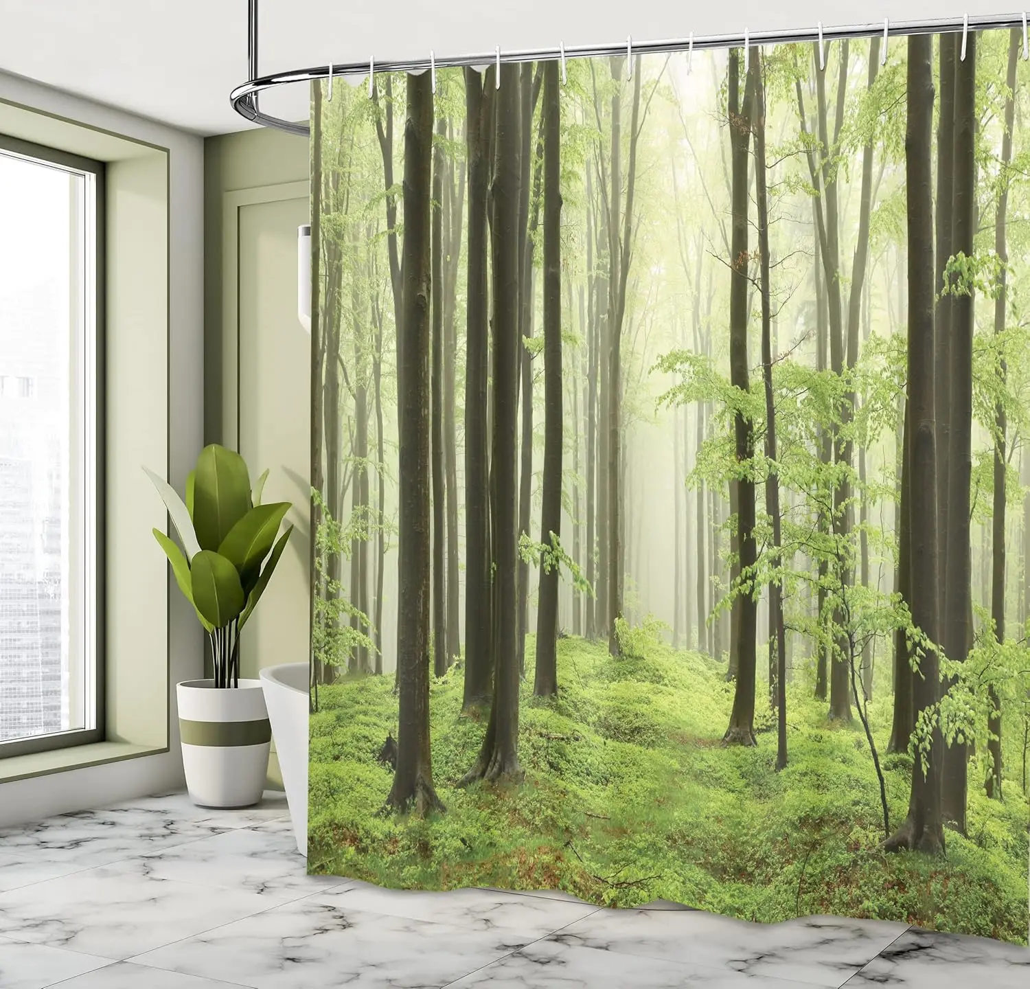 

Beech Forest Shower Curtain with Hooks – Morning Haze in Mountain Woods, Nature Landscape Bathroom Decor