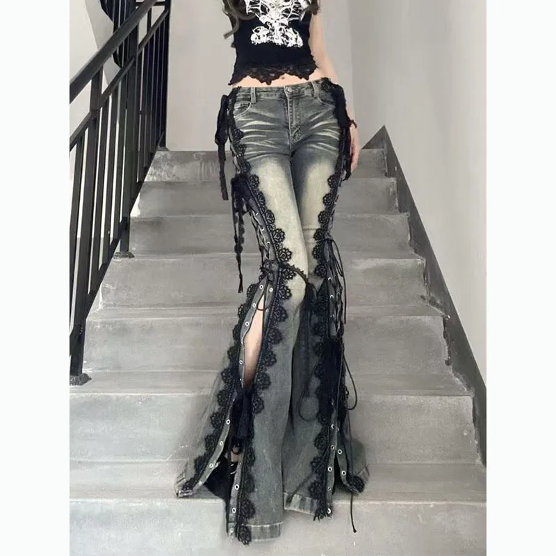 

American Retro Lace Strap Split Jeans Women's Slimming Flared Floor-Length Pants