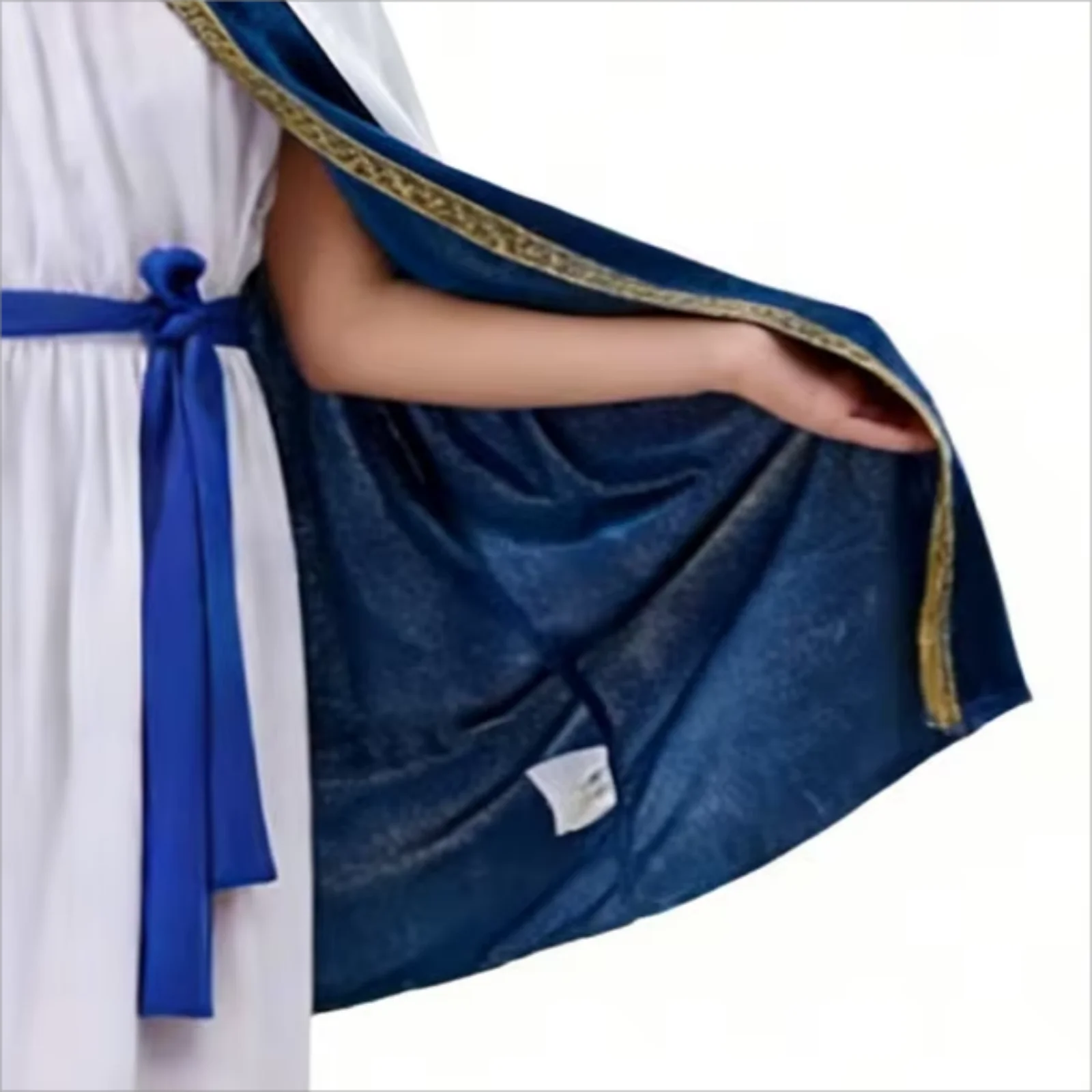 

Womens Virgin Mary Cosplay Outfit Tunic Dress with Belt Stand Collar Brocade Trim Cloak And Headpiece for Halloween Masquerade