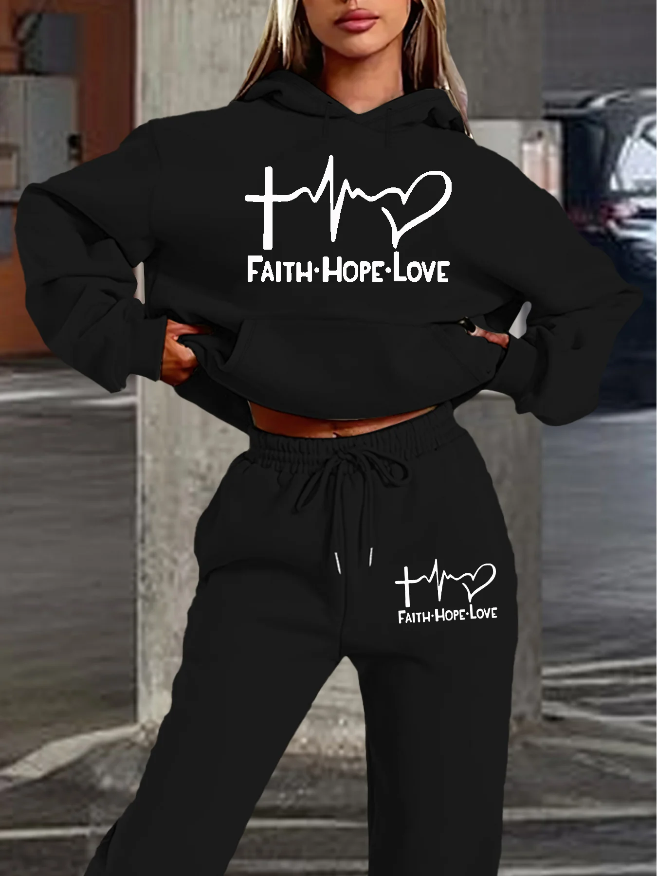 Women's Casual Sports Fleece Hooded Sweatshirt And Pants Set Warm Faith Hope Love Letter Print Thick Autumn Winter Outfit