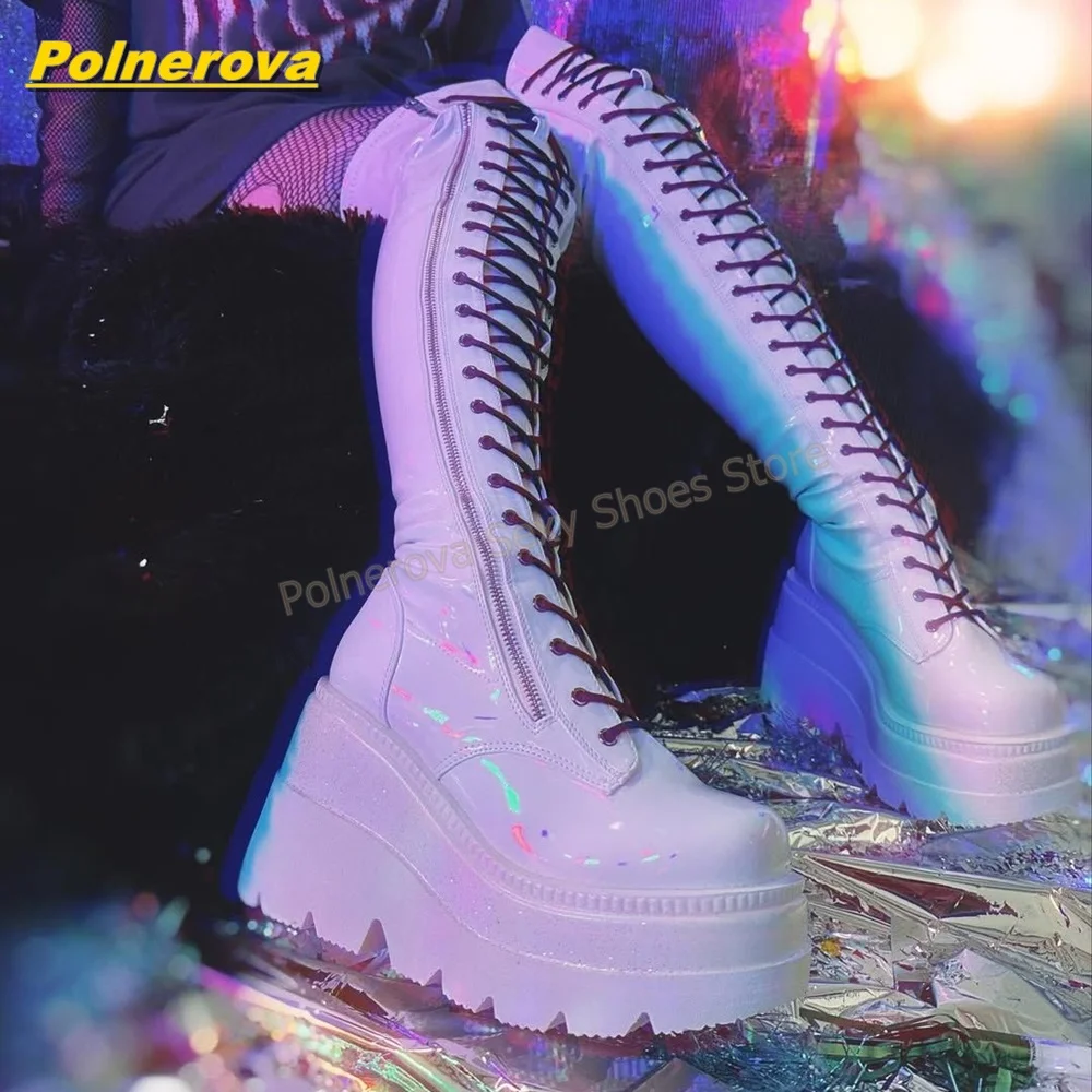 Women White Thigh High Platform Boots Lace Up Side Zipper Y2K Futuristic Punk Club Cosplay Street Fashion Footwear 2026 Trend