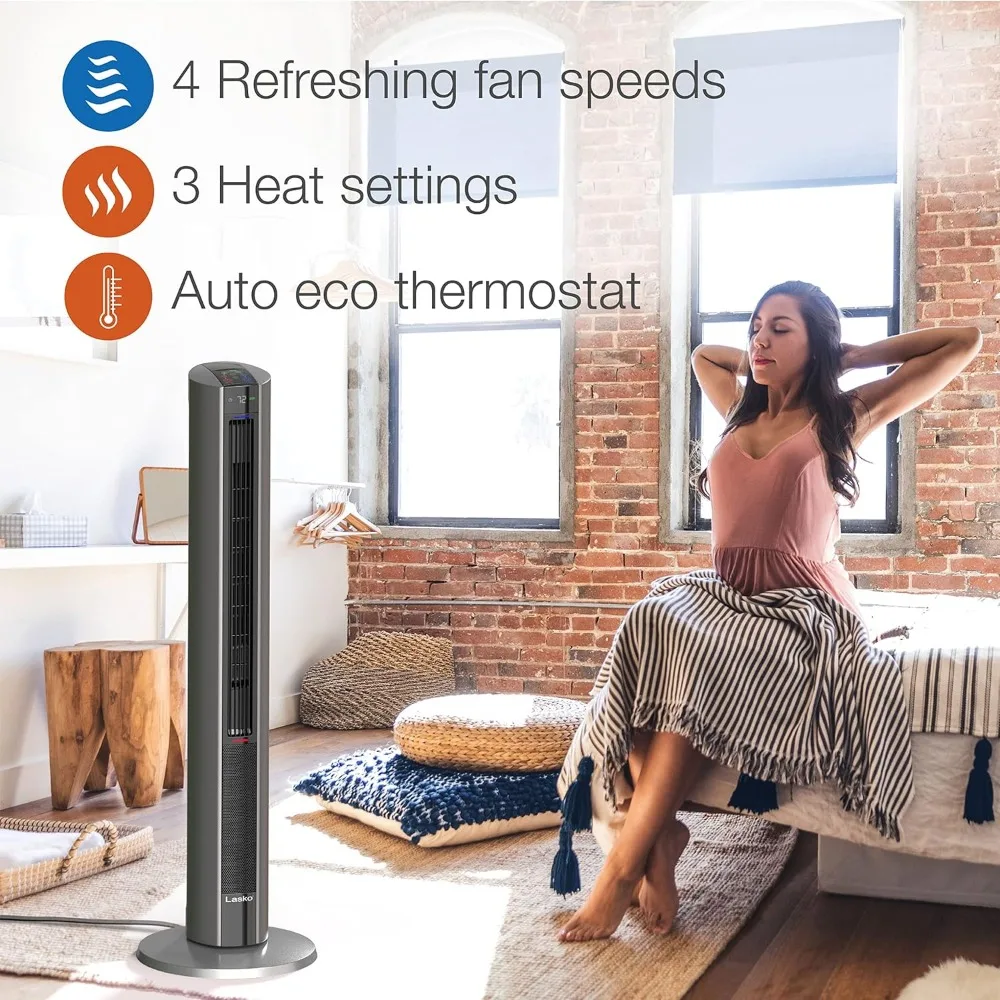 Oscillating All Season Tower Fan and Space Heater in One for Home with Adjustable Thermostat, Tip-Over Switch, 4 Fan Speeds